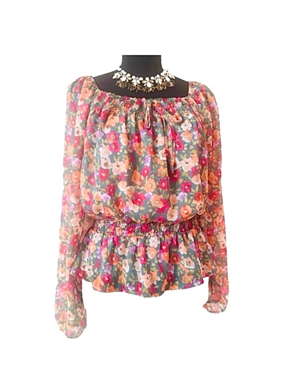 LC LAUREN CONRAD ~ Floral Sheer Long Sleeve Blouse Pink and Orange Drop Waist